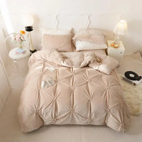 Thumbnail for Beige Modern Warm Velvet Fluffy Flower Pleated Pearl Bedding Set