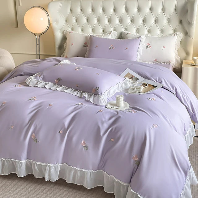 Purple White Rose Flowers Embroidery Wedding Duvet Cover, 100% Cotton Bedding Set