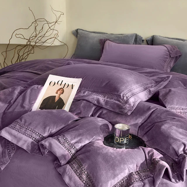 White Purple Furry Warm Thick Velvet Lace Hollow Wide Duvet Cover Bedding Set