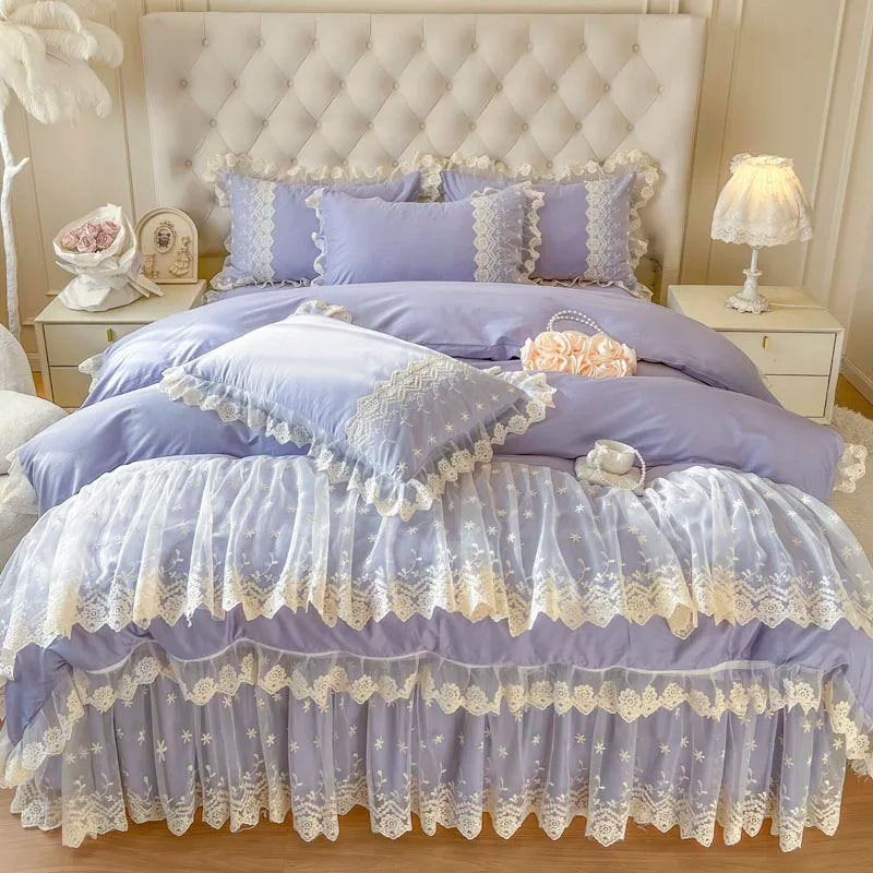 Pink Romantic Korean Princess Lace Ruffles Duvet Cover Set, Cotton Bedding Set