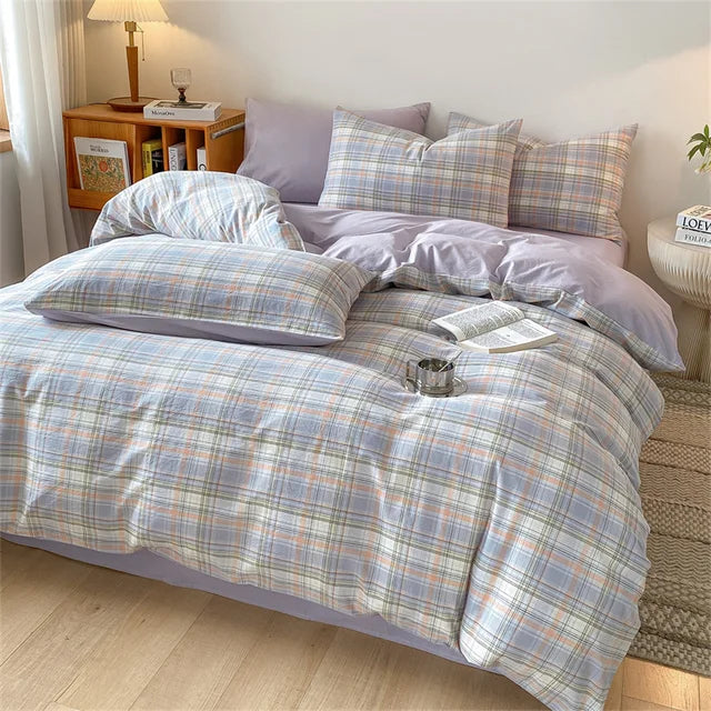 Cozy Blue Gingham Stripe Cotton Bed Linens Bedding Set