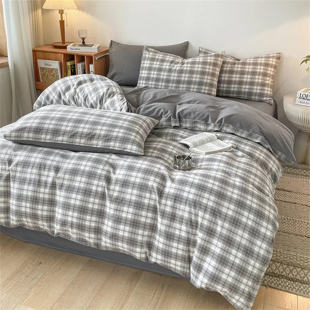 Cozy Blue Gingham Stripe Cotton Bed Linens Bedding Set