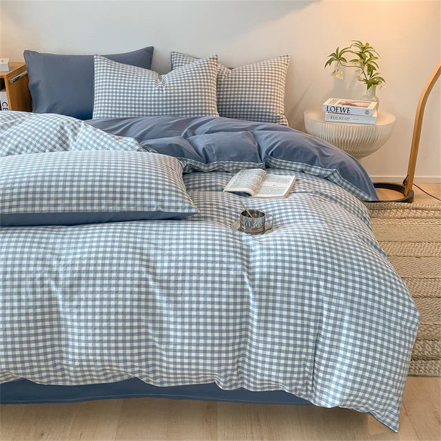 Cozy Blue Gingham Stripe Cotton Bed Linens Bedding Set