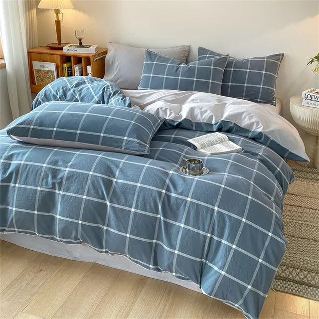 Cozy Blue Gingham Stripe Cotton Bed Linens Bedding Set