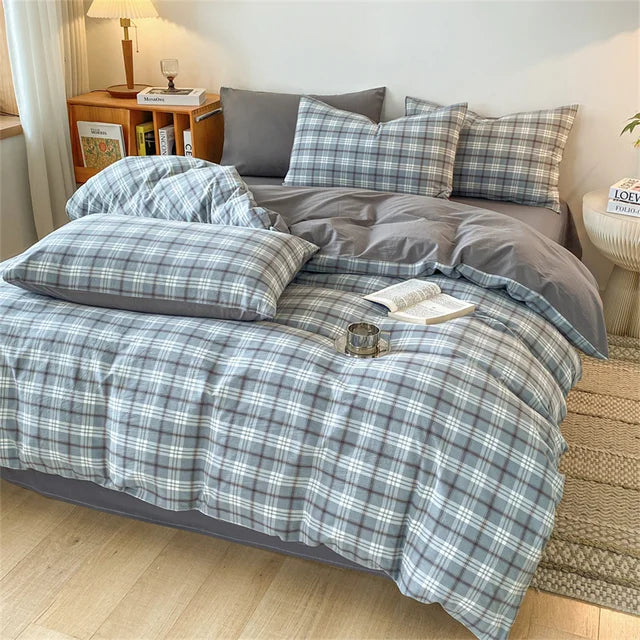 Cozy Blue Gingham Stripe Cotton Bed Linens Bedding Set