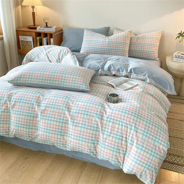 Cozy Blue Gingham Stripe Cotton Bed Linens Bedding Set