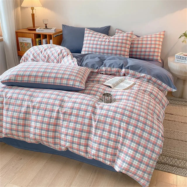 Cozy Blue Gingham Stripe Cotton Bed Linens Bedding Set