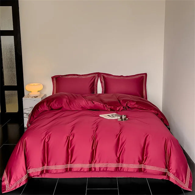 Luxury Elegant Burgundy Silver Pima Cotton 1200TC Bedding Set