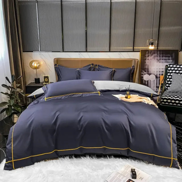 Luxurious Navy Blue Bedlinens Bedding Set - 100% Egyptian Cotton with Elegant Yellow Trim