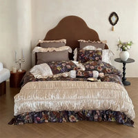 Thumbnail for Vintage French Brown Rose Pleated Lace Ruffles Egyptian Cotton 1000TC Bedding Set