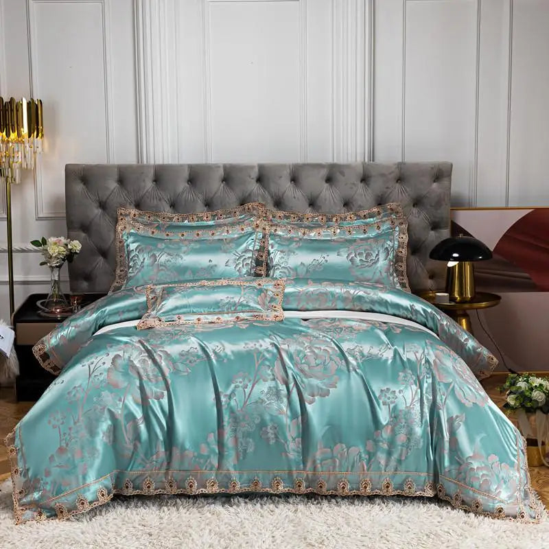 Green Gold Jacquard Weave Chic Soft Satin Bedding Set