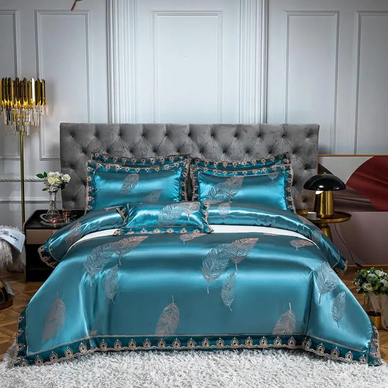 Green Gold Jacquard Weave Chic Soft Satin Bedding Set