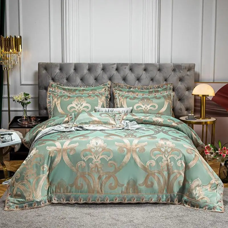 Green Gold Jacquard Weave Chic Soft Satin Bedding Set