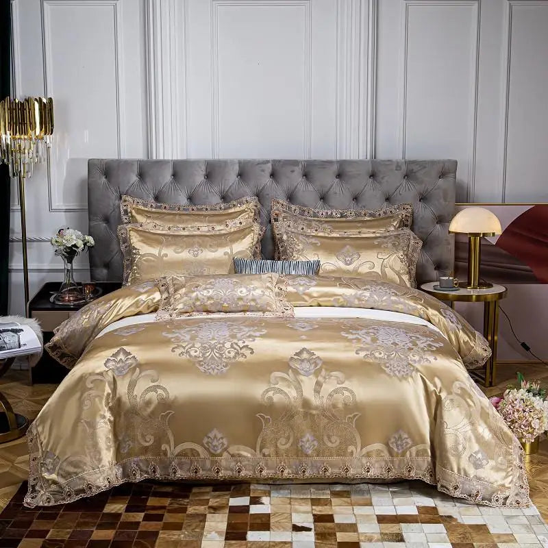 Green Gold Jacquard Weave Chic Soft Satin Bedding Set