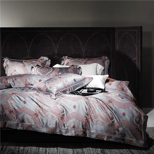 European Peacock Blue Gray Luxury Jacquard Egyptian cotton 1000TC Bedding Set