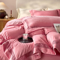 Thumbnail for Gold Grey Winter Warm Thick Velvet Lace Duvet Cover Bedding Set