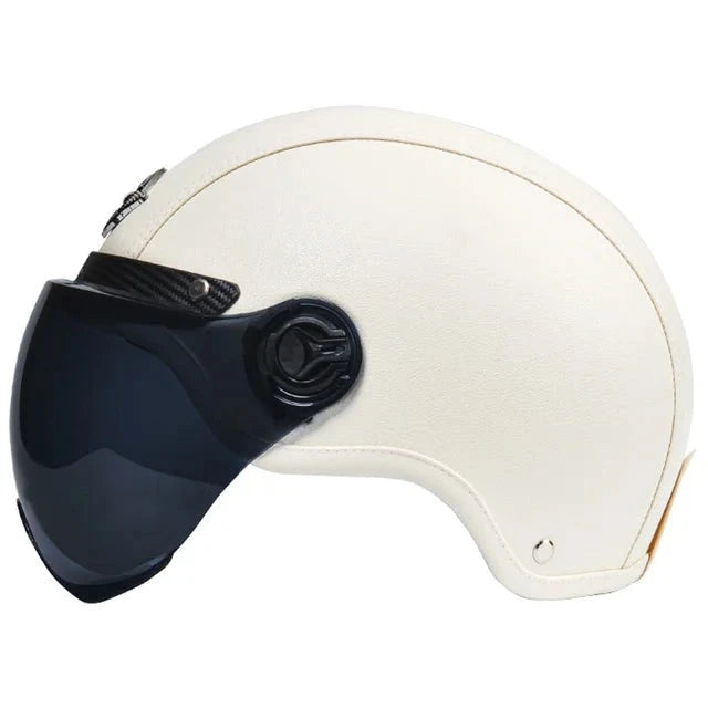 Retro White with Visor Leather Motorcycle Helmets Motorbike Sport