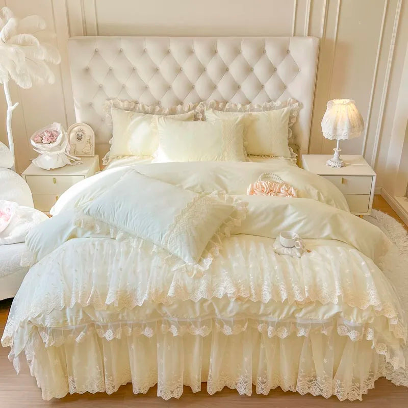 Pink Romantic Korean Princess Lace Ruffles Duvet Cover Set, Cotton Bedding Set