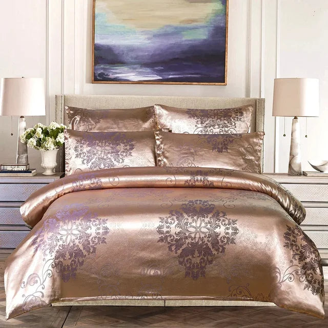 Premium Brown Gold Jacquard Baroque For Adults Duvet Cover Bedding Set