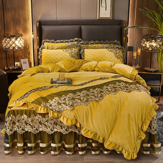 Luxury Blue Gold Royal European Crystal Velvet Bed Skirt Bedding Set