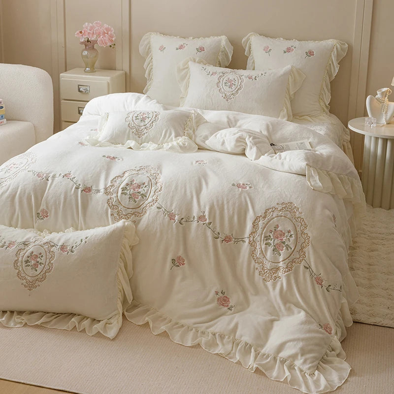 White Rose Flowers Western Fleece Embroidered Ruffles Princess Bedding Set