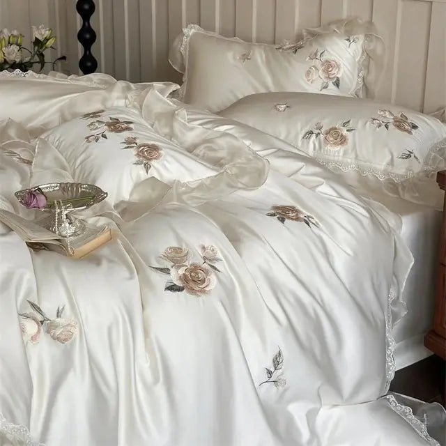 Cream White Rose Flowers Embroidery Wedding Duvet Cover, 1000TC Egyptian Cotton Bedding Set