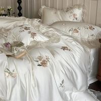 Thumbnail for Cream White Rose Flowers Embroidery Wedding Duvet Cover, 1000TC Egyptian Cotton Bedding Set