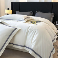 Thumbnail for Pure White Grey Brushed Fabric Embroidery Hotel Duvet Cover Set, 100% Cotton Bedding Set