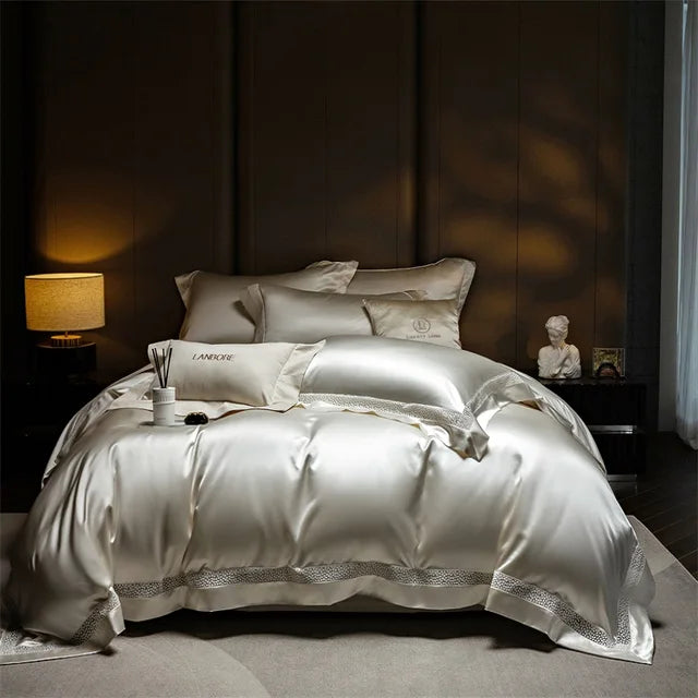 Premium Elegant French Smooth Silky European Duvet Cover, Lyocell Cotton Bedding Set