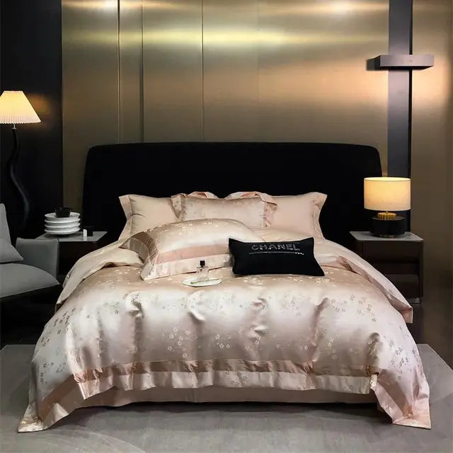 Luxury Gold Satin European Jacquard Egyptian Cotton 1000TC Bedding Set
