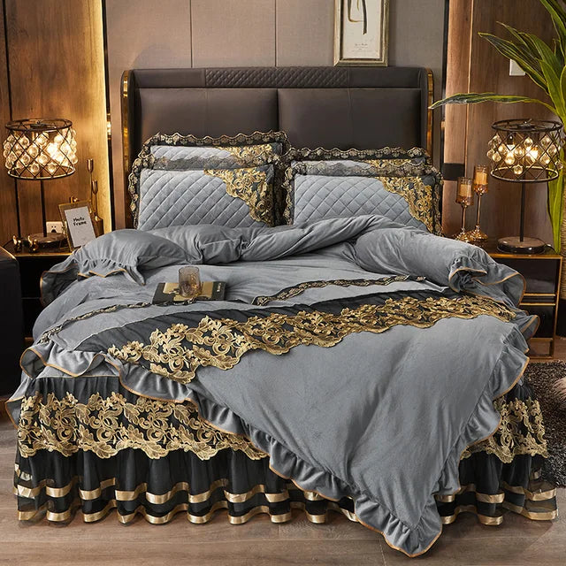 Luxury Blue Gold Royal European Crystal Velvet Bed Skirt Bedding Set