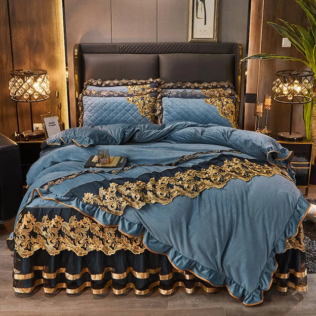 Luxury Blue Gold Royal European Crystal Velvet Bed Skirt Bedding Set