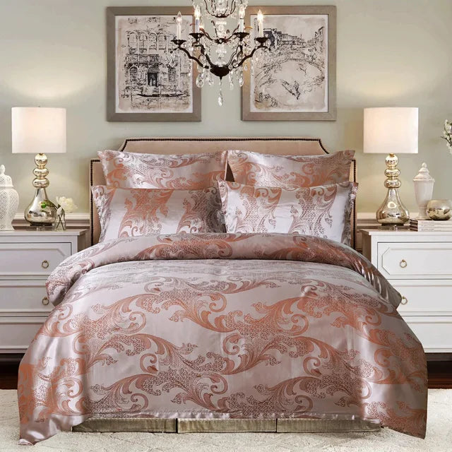 Premium Brown Gold Jacquard Baroque For Adults Duvet Cover Bedding Set