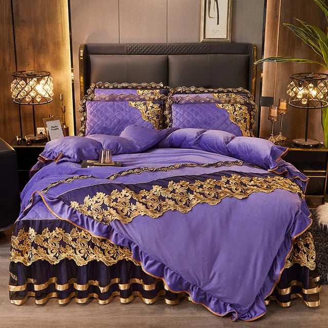 Luxury Blue Gold Royal European Crystal Velvet Bed Skirt Bedding Set