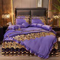 Thumbnail for Luxury Blue Gold Royal European Crystal Velvet Bed Skirt Bedding Set