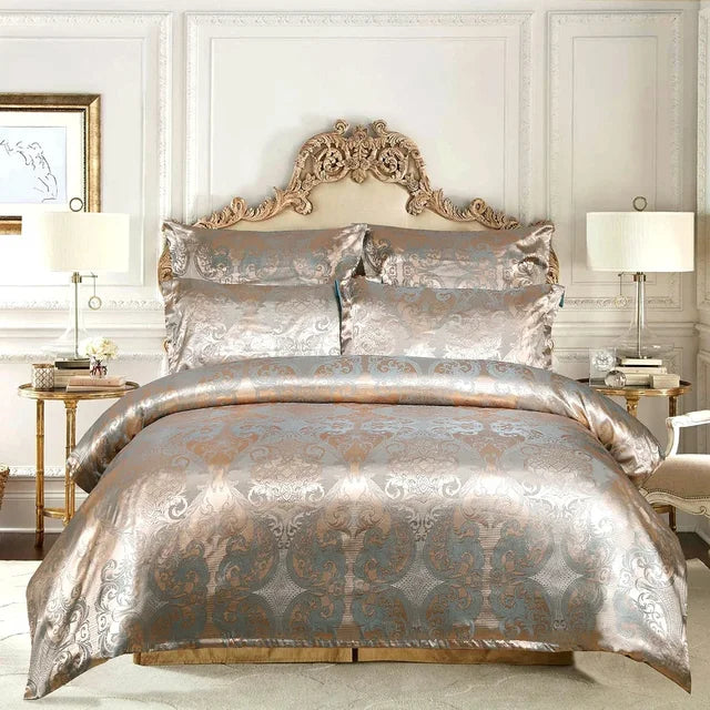 Premium Brown Gold Jacquard Baroque For Adults Duvet Cover Bedding Set