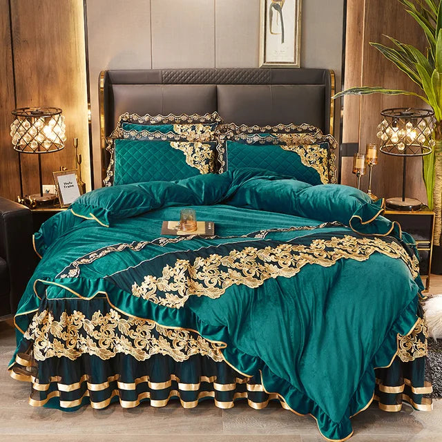 Luxury Blue Gold Royal European Crystal Velvet Bed Skirt Bedding Set