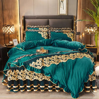 Thumbnail for Luxury Blue Gold Royal European Crystal Velvet Bed Skirt Bedding Set