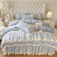 Thumbnail for Pink Romantic Korean Princess Lace Ruffles Duvet Cover Set, Cotton Bedding Set