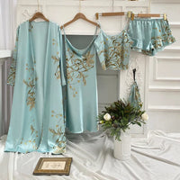 Thumbnail for Floral Nature Silk Robe Sleep Suit Lace Satin Pajamas V-Neck Nightwear Sleepwear