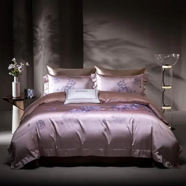 Brown Purple Jacquard Luxury Silky Soft Egyptian Cotton 1000TC Bedding Set