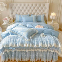 Thumbnail for Pink Romantic Korean Princess Lace Ruffles Duvet Cover Set, Cotton Bedding Set