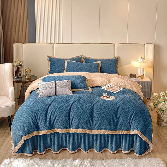 Blue Cream Thickened Winter Warm Carved Velvet Bedding Set