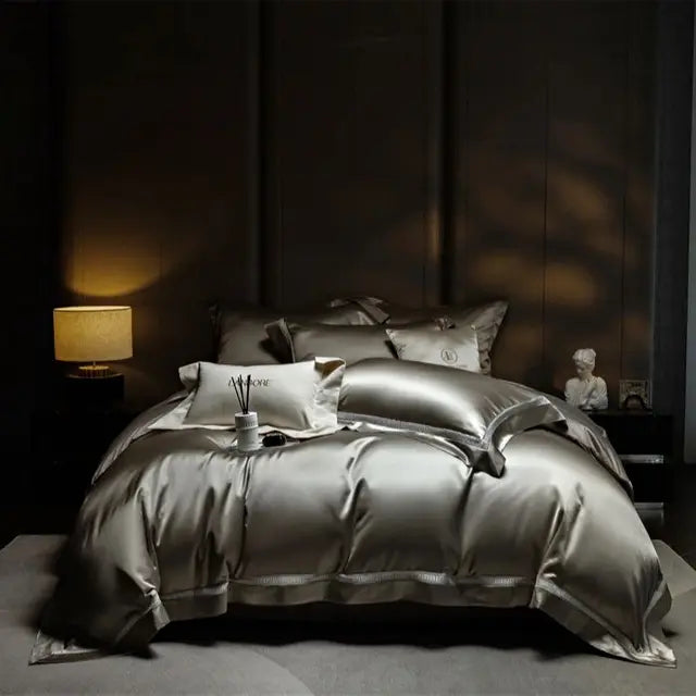 Black Grey European Luxury Patchwork Duvet Cover Mulberry Silk Bedding Set