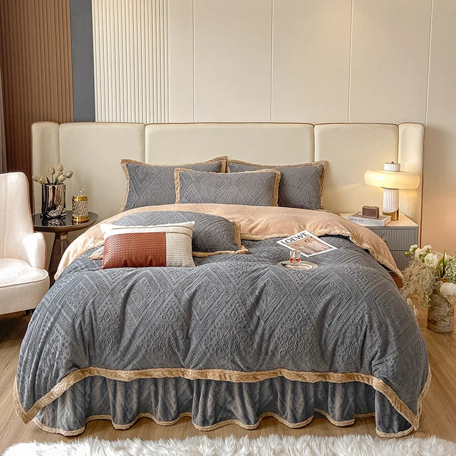 Blue Cream Thickened Winter Warm Carved Velvet Bedding Set