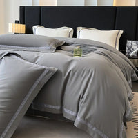 Thumbnail for Pure White Grey Brushed Fabric Embroidery Hotel Duvet Cover Set, 100% Cotton Bedding Set