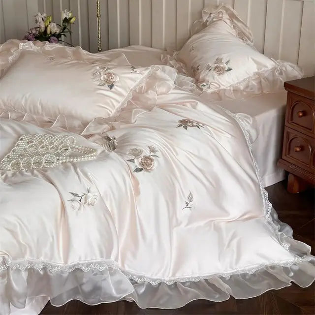 Cream White Rose Flowers Embroidery Wedding Duvet Cover, 1000TC Egyptian Cotton Bedding Set