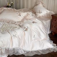 Thumbnail for Cream White Rose Flowers Embroidery Wedding Duvet Cover, 1000TC Egyptian Cotton Bedding Set