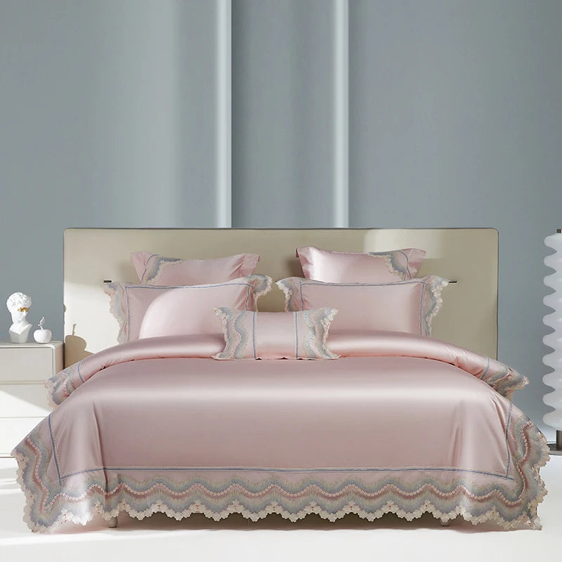 Pink Champagne Romantic French Satin Silky Duvet Cover Set, Egyptian Cotton 1000TC Bedding Set