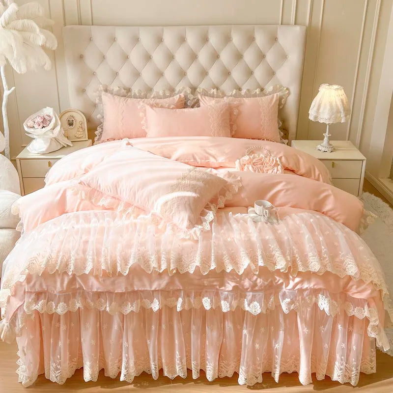 Pink Romantic Korean Princess Lace Ruffles Duvet Cover Set, Cotton Bedding Set